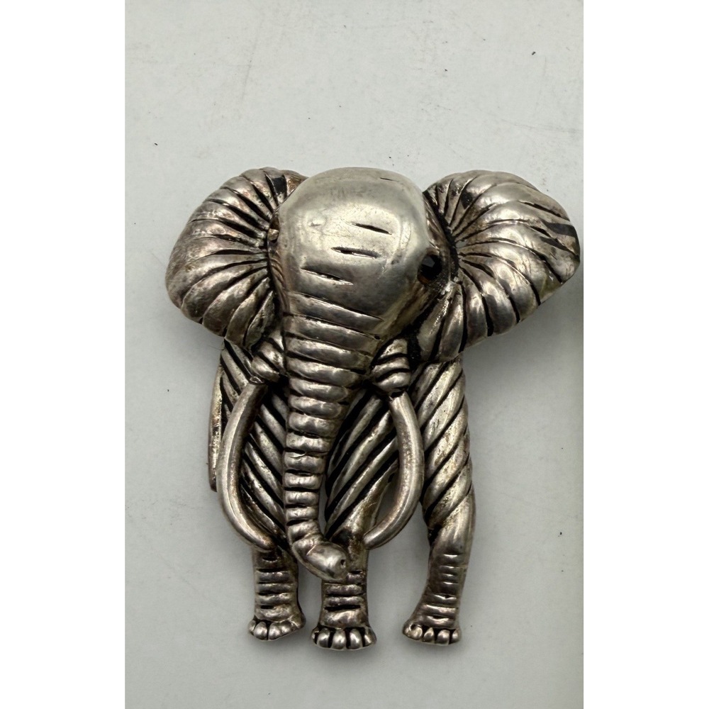 Vintage Silver Tone Elephant Brooch Pin Large Figural Tusks 2" Statement Jewelry
